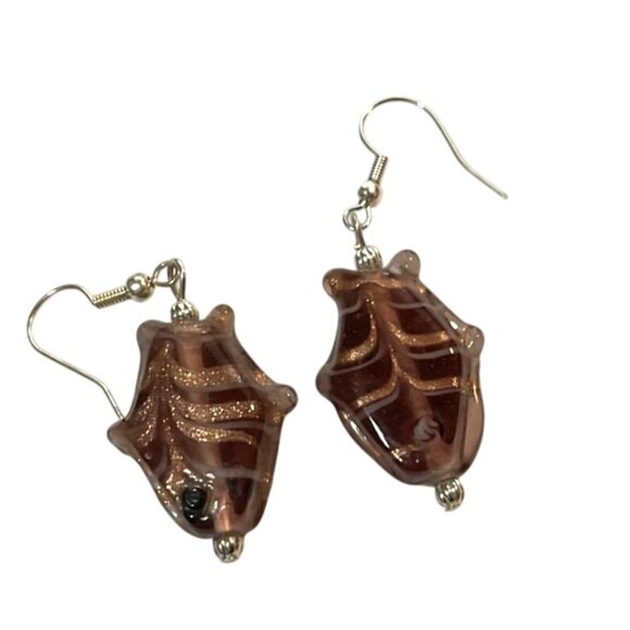 Art Glass Fish Earrings With Swirled Design & Fishhook Backs Brown & Copper Wome - Picture 2 of 3